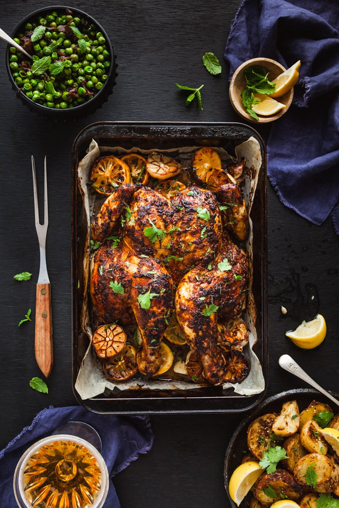 Butterflied Indian Spiced Inglewood Chicken with Garam Masala Potatoes & Minted Curry Peas | The Whimsical Wife