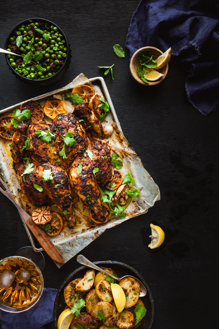 Butterflied Indian Spiced Inglewood Chicken with Garam Masala Potatoes & Minted Curry Peas | The Whimsical Wife