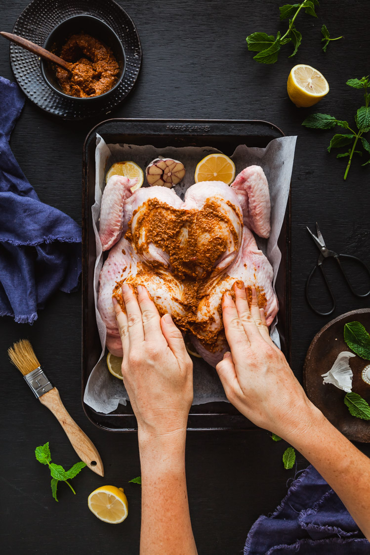 Butterflied Indian Spiced Inglewood Chicken with Garam Masala Potatoes & Minted Curry Peas | The Whimsical Wife