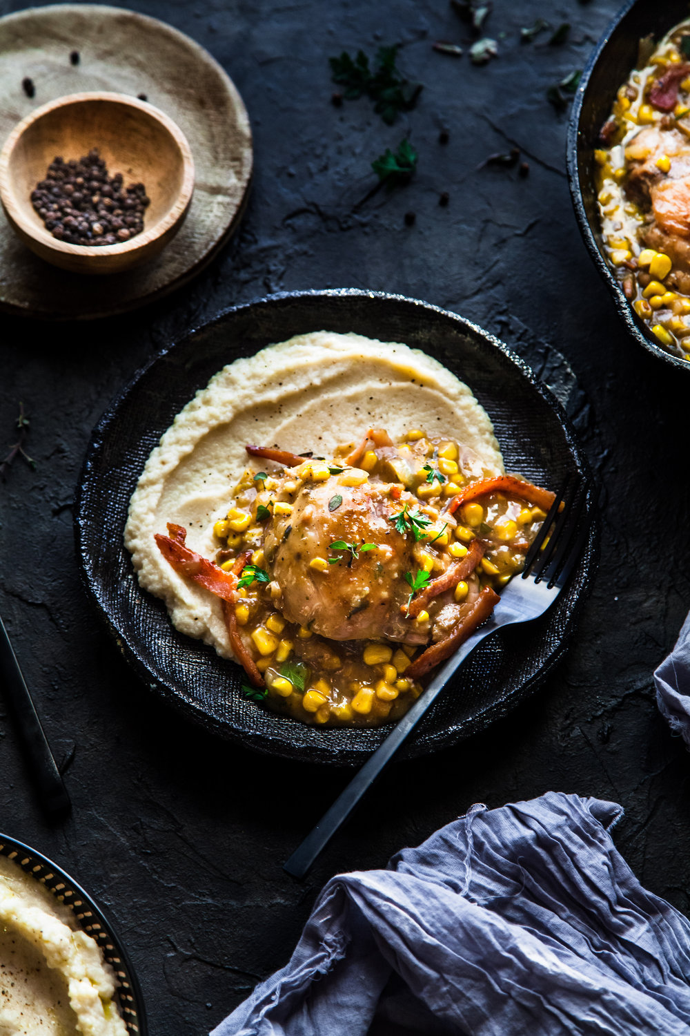 One Pan Creamy Basil Chicken With Bacon & Corn And Cauli-Mash | The Whimsical Wife