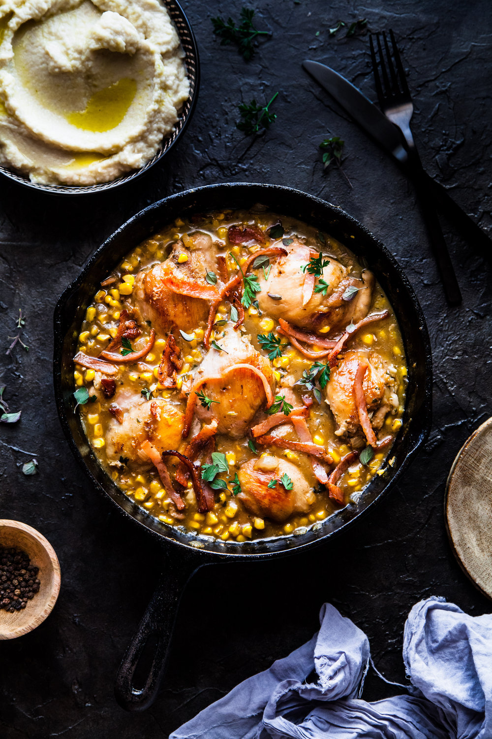 One Pan Creamy Basil Chicken With Bacon & Corn And Cauli-Mash | The Whimsical Wife