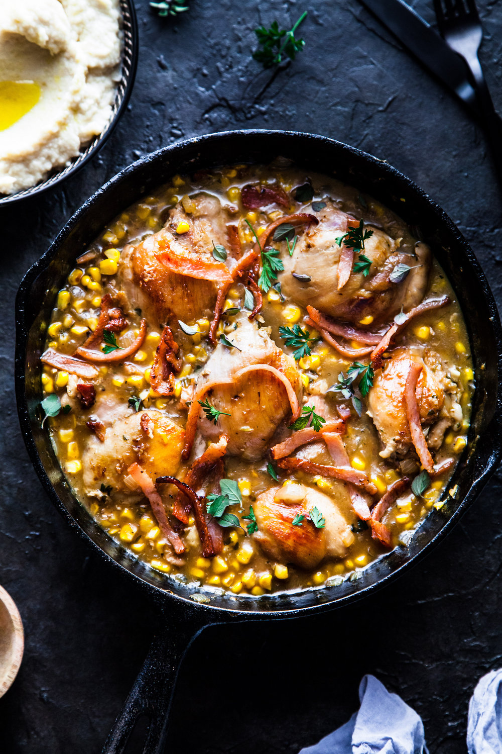 One Pan Creamy Basil Chicken With Bacon & Corn And Cauli-Mash | The Whimsical Wife