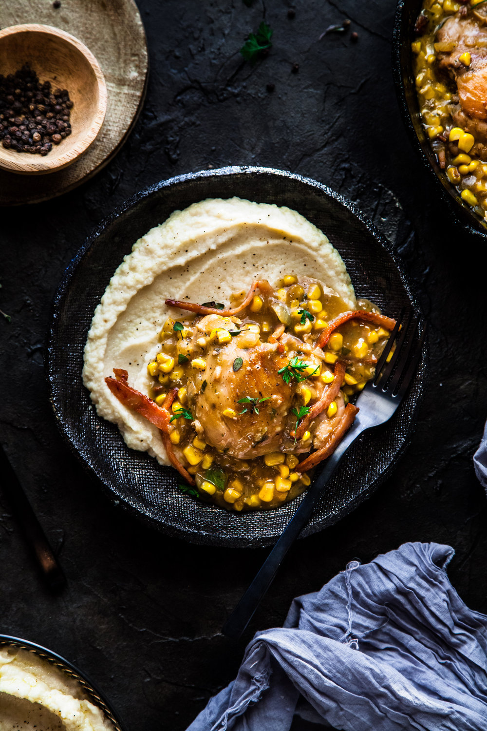 One Pan Creamy Basil Chicken With Bacon & Corn And Cauli-Mash | The Whimsical Wife