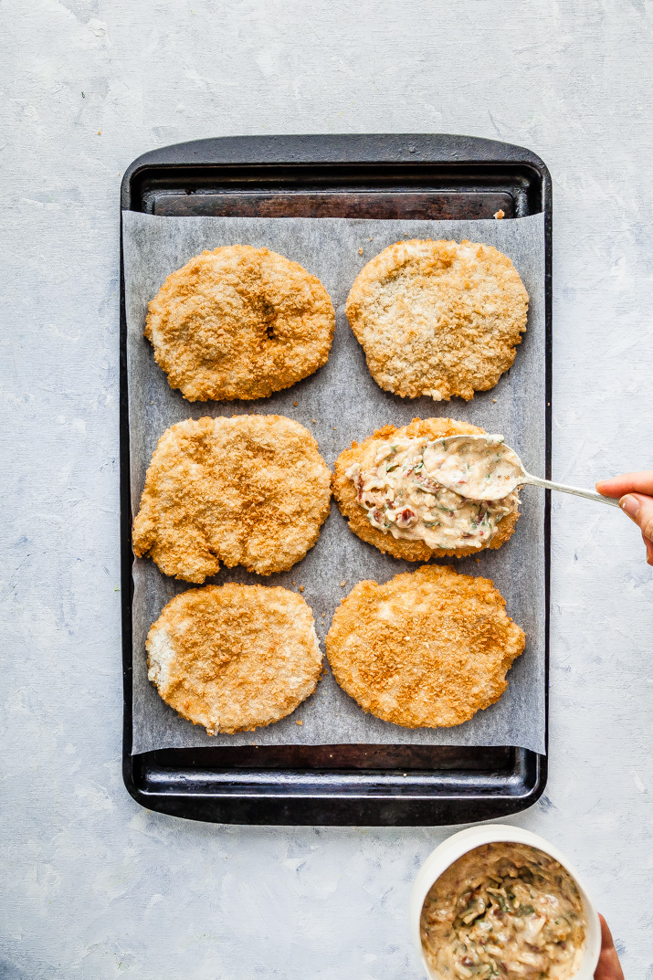 Cheesy Sun Dried Tomato & Basil Inglewood Organic Chicken Schnitzel With Crunchy Rainbow Slaw | The Whimsical Wife