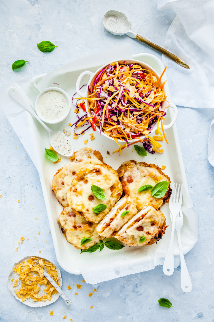 Cheesy Sun Dried Tomato & Basil Inglewood Organic Chicken Schnitzel With Crunchy Rainbow Slaw | The Whimsical Wife