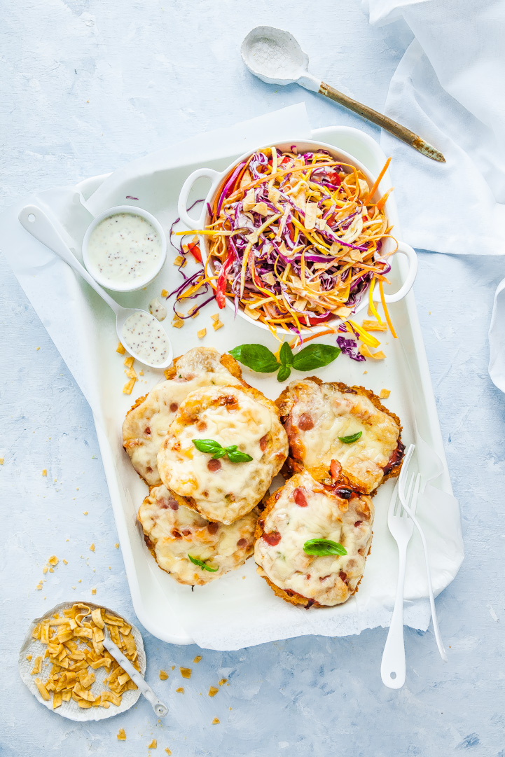 Cheesy Sun Dried Tomato & Basil Inglewood Organic Chicken Schnitzel With Crunchy Rainbow Slaw | The Whimsical Wife