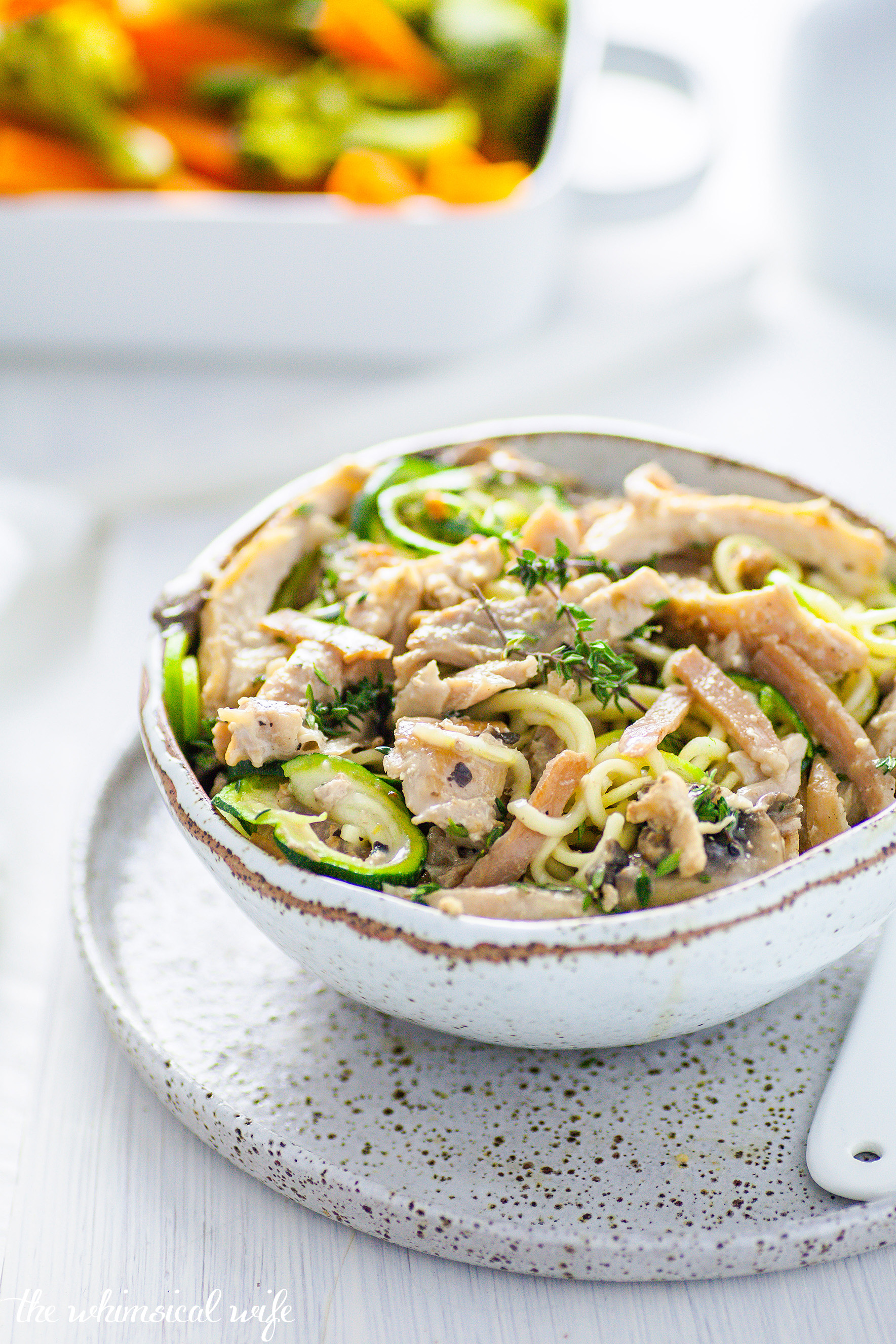 One Pan Creamy Chicken, Bacon, Thyme & Mushroom Zoodles (DF + GF)