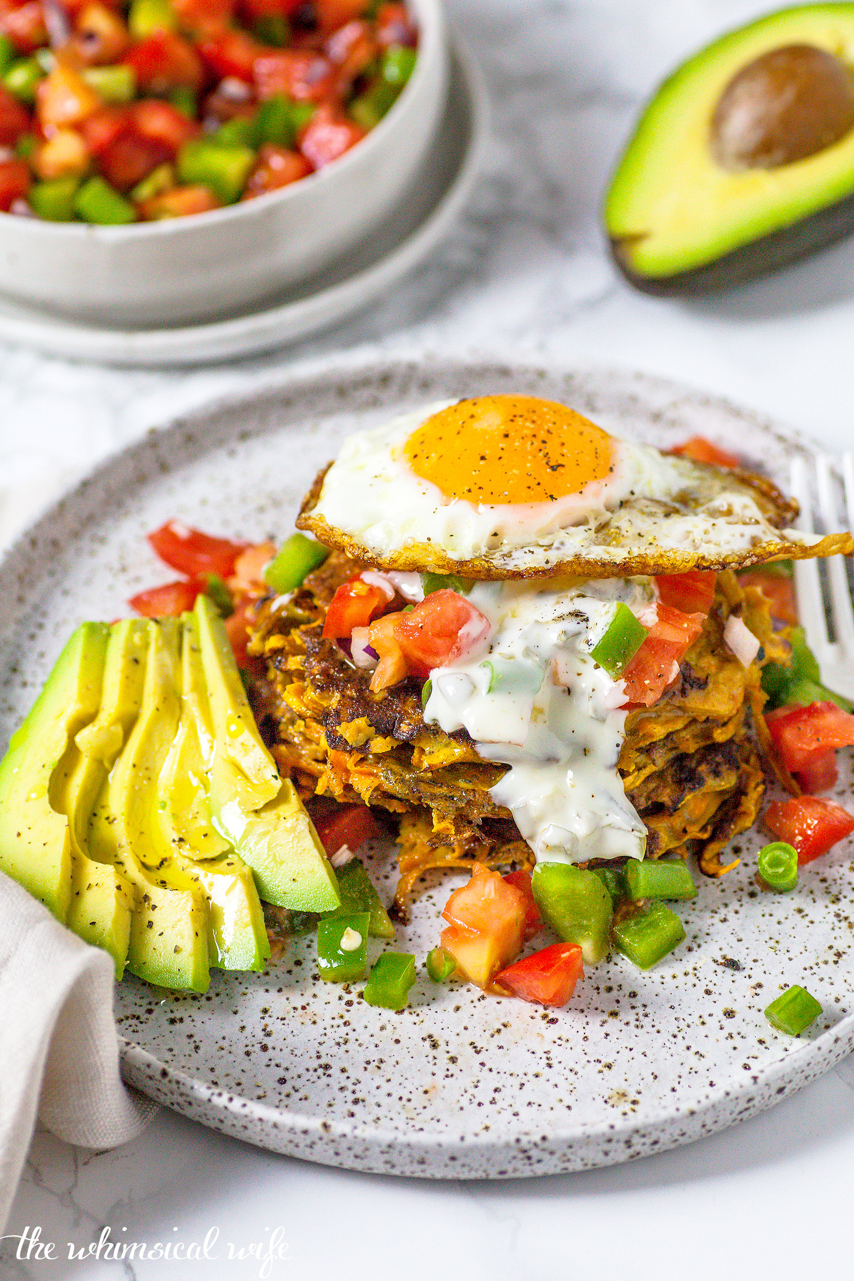 Sweet Potato Hashbrowns With Fried Egg, Jalapeno Mayonnaise & Salsa