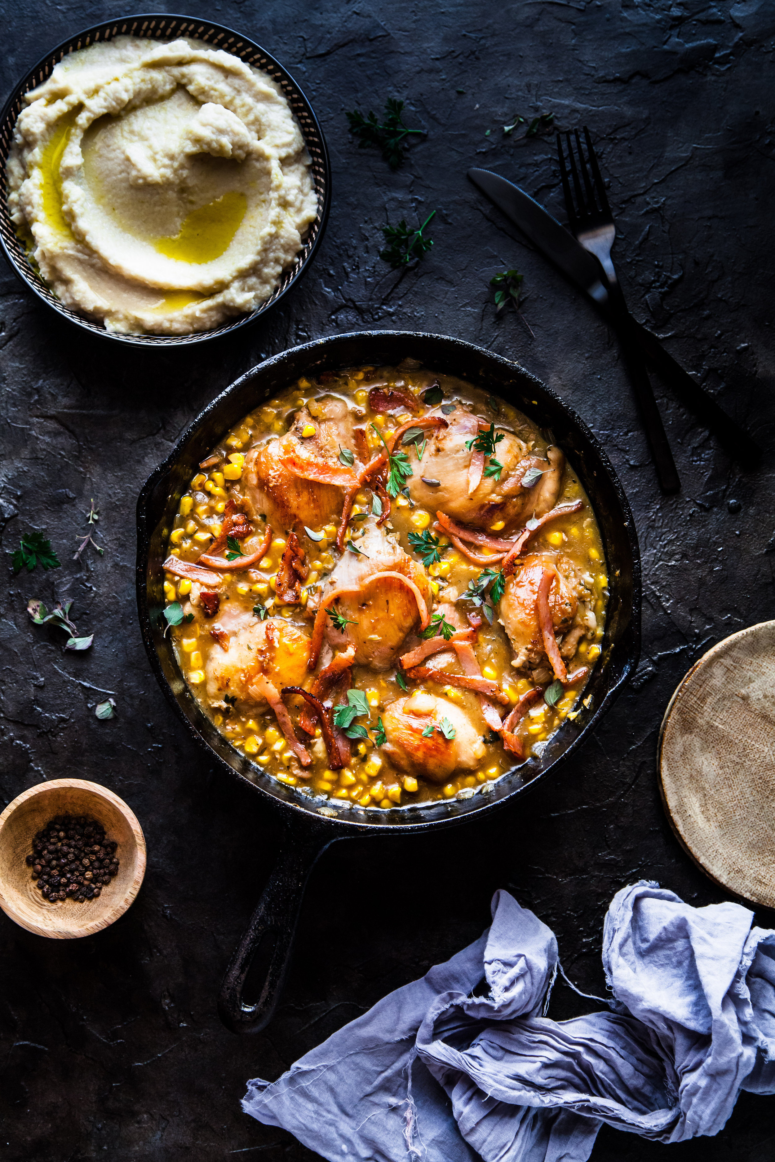 One Pan Creamy Basil Chicken With Bacon & Corn And Cauli-Mash 