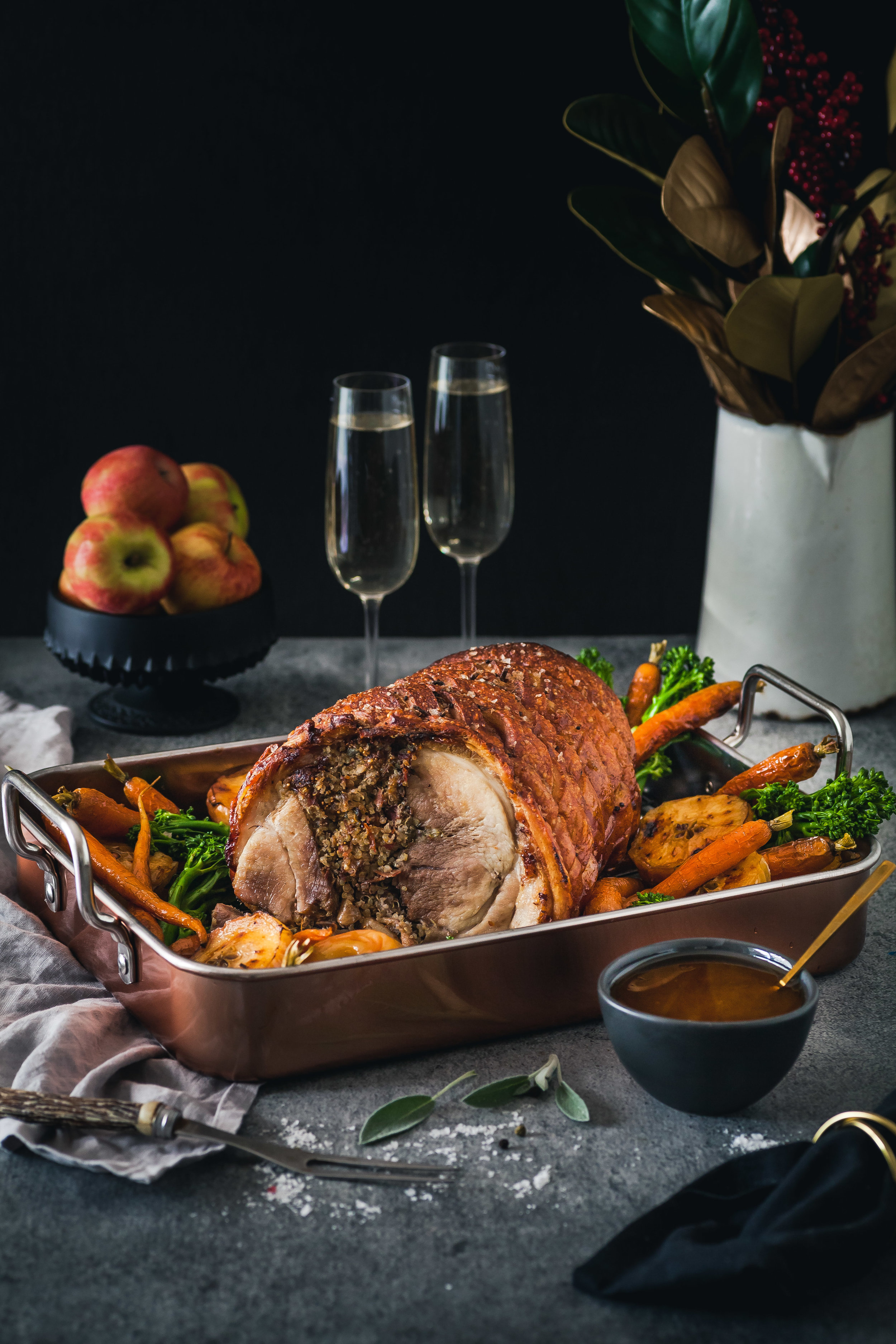Murray Valley Roast Pork With Quinoa &amp; Fig Stuffing &amp; Caramelized Roast Apples &amp; Cider Jus {DF &amp; GF}