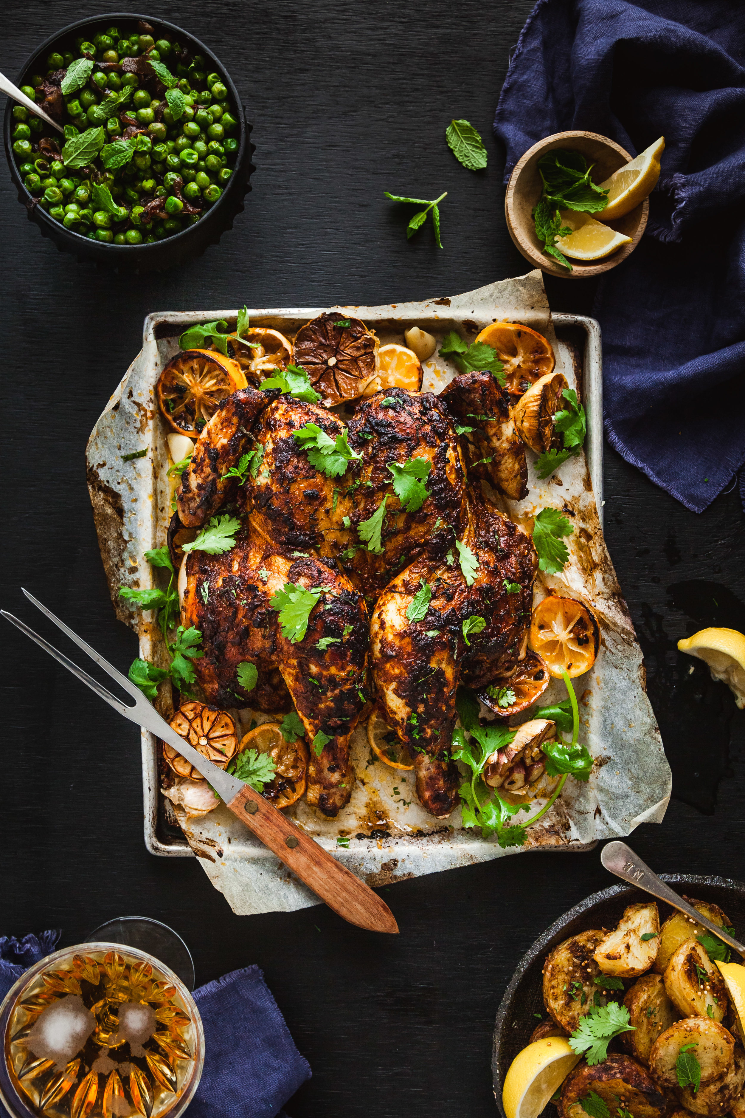 Butterflied Indian Spiced Inglewood Organic Chicken with Garam Masala Potatoes &amp; Minted Curry Peas {DF &amp; GF}