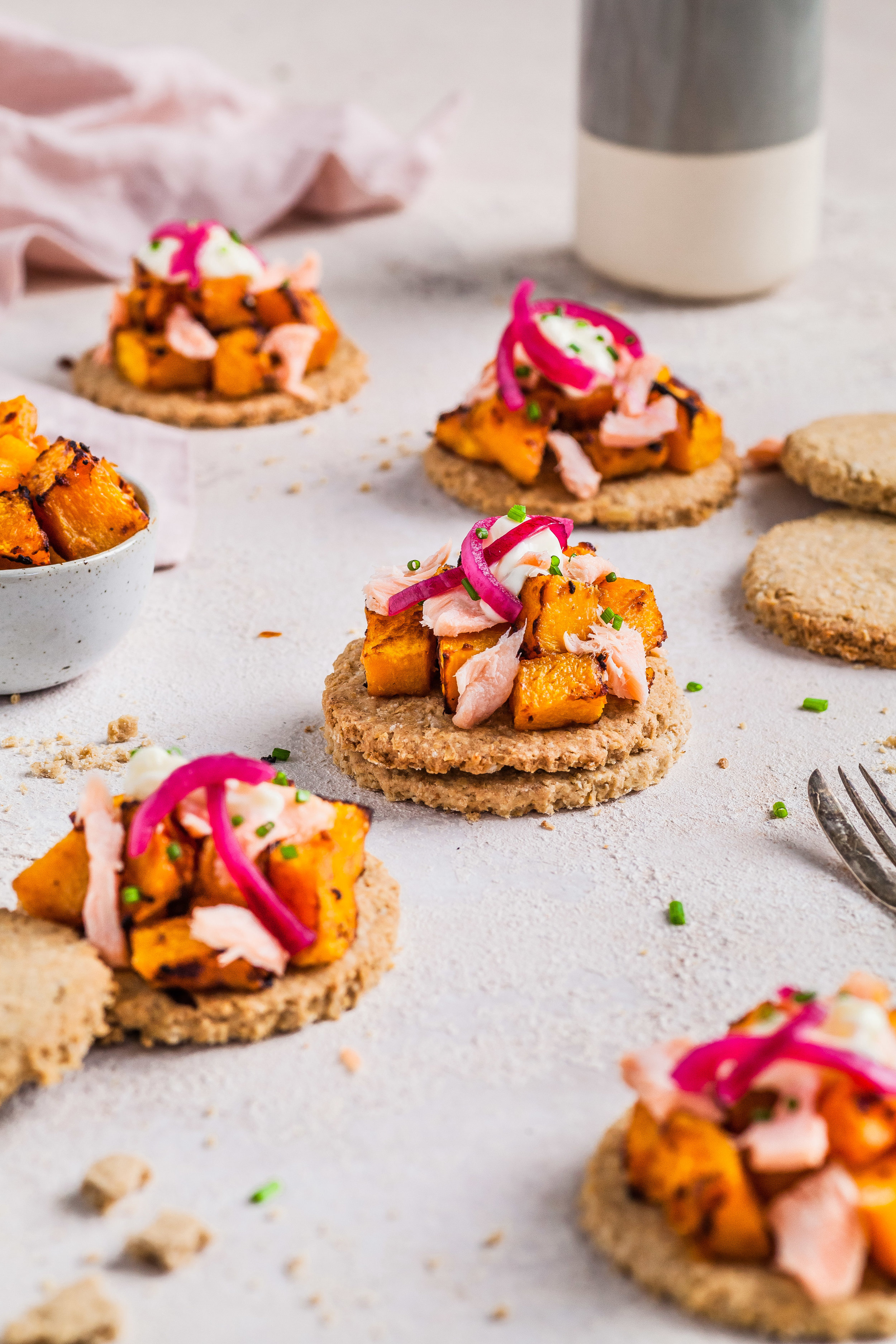 Gluten- Free Oat Cakes With Miso Roast Pumpkin, Hot Smoked Salmon & Pickled Onion {GF, DF Nut & Egg Free Option}